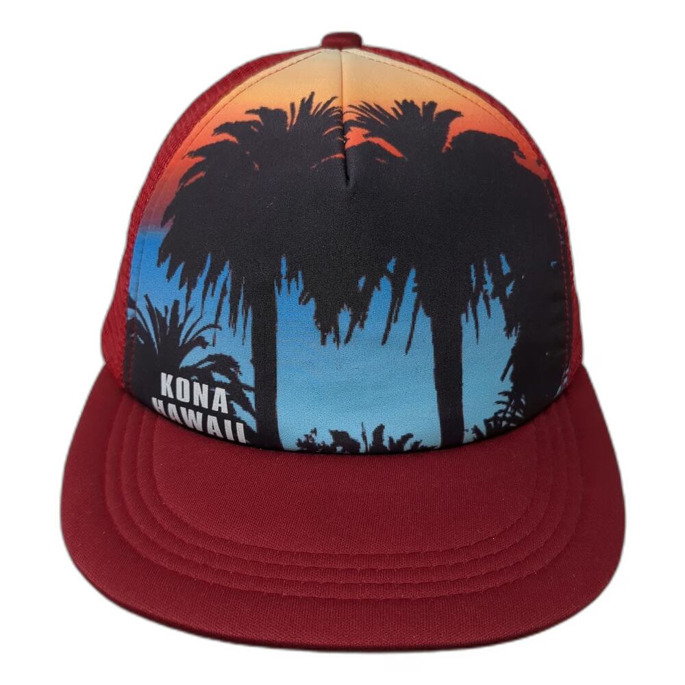 Jacobson Trucker Hat Red One Size Kona Hawaii Sunset Palm Tree Mesh Snapback